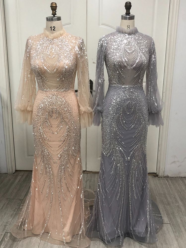 Serene Hill Grey Mermaid Elegant High Neck Evening Dresses Gowns 2025 Full Sleeves Beaded Luxury For Women Party LA71609 - SERENE HILL