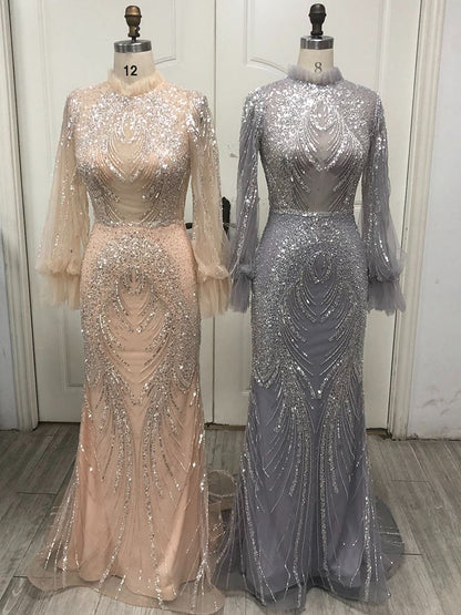 Serene Hill Grey Mermaid Elegant High Neck Evening Dresses Gowns 2025 Full Sleeves Beaded Luxury For Women Party LA71609 - SERENE HILL