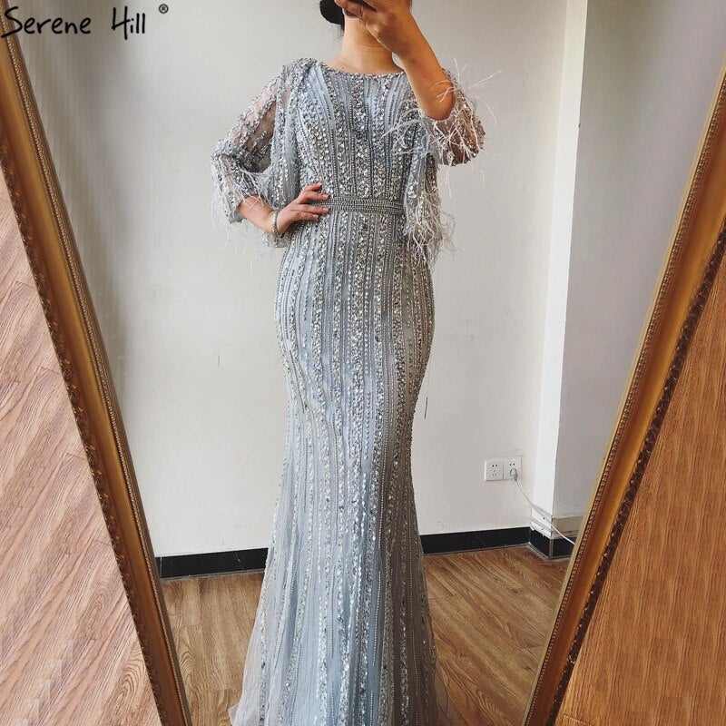 Sale Serene Hill Grey Mermaid Long Sleeves Diamond Beaded Luxury Dubai Evening Dresses Gowns For Women Party 2025 LA70503 - SERENE HILL