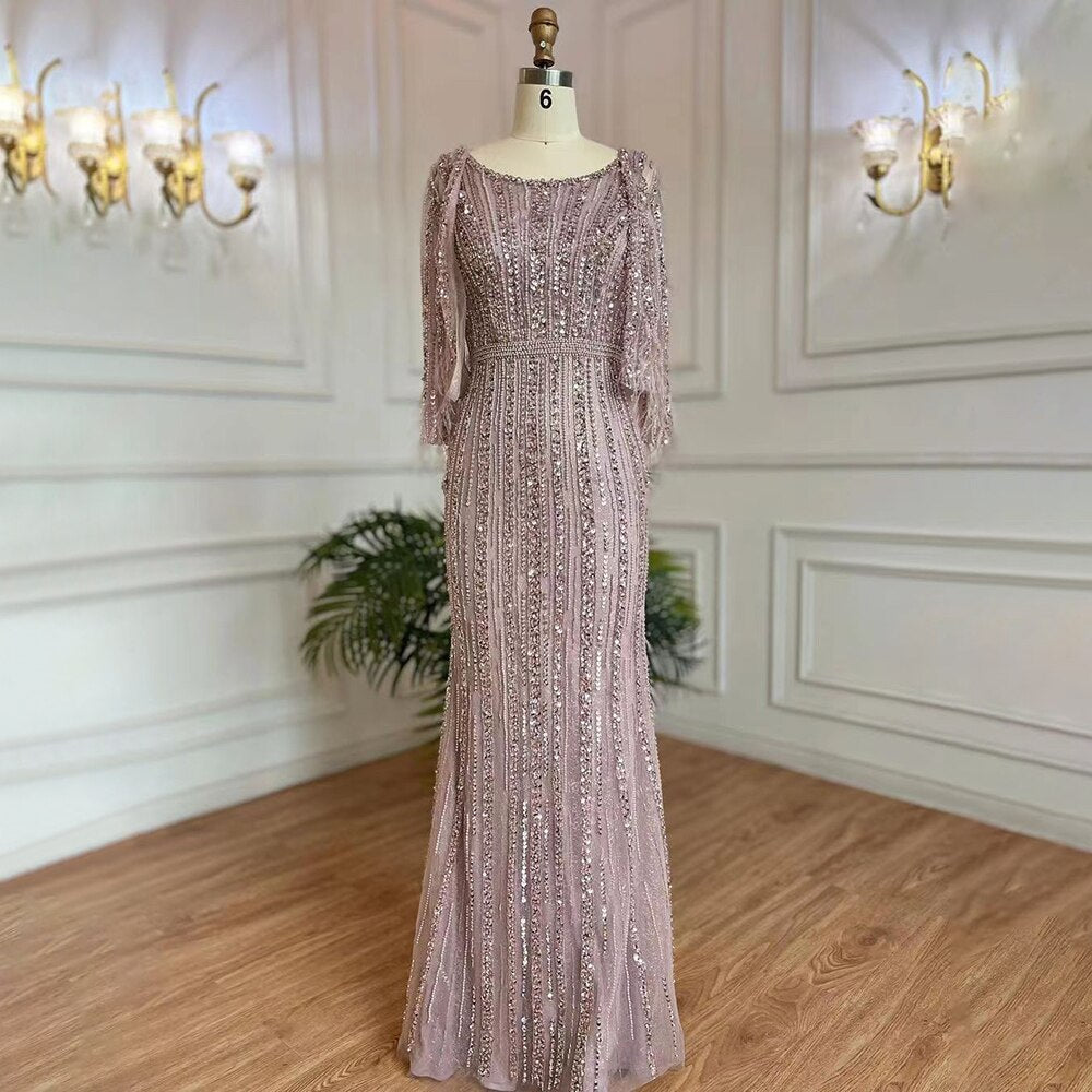 Sale Serene Hill Grey Mermaid Long Sleeves Diamond Beaded Luxury Dubai Evening Dresses Gowns For Women Party 2025 LA70503 - SERENE HILL