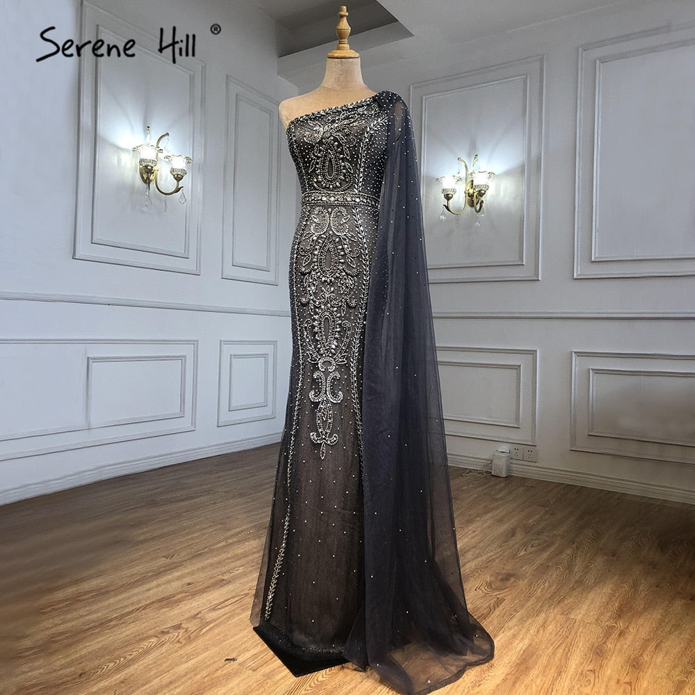 Serene Hill Grey Mermaid Luxury Evening Dresses Gowns 2025 Elegant One Shoulder Beaded For Women Party LA71270 - SERENE HILL
