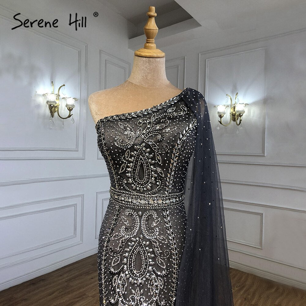 Serene Hill Grey Mermaid Luxury Evening Dresses Gowns 2025 Elegant One Shoulder Beaded For Women Party LA71270 - SERENE HILL
