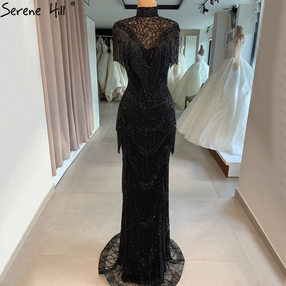 Serene Hill Grey Mermaid Luxury Evening Dresses Gowns Cap Sleeves Beading Tassel Sexy For Women Party 2025 LA70529 - SERENE HILL