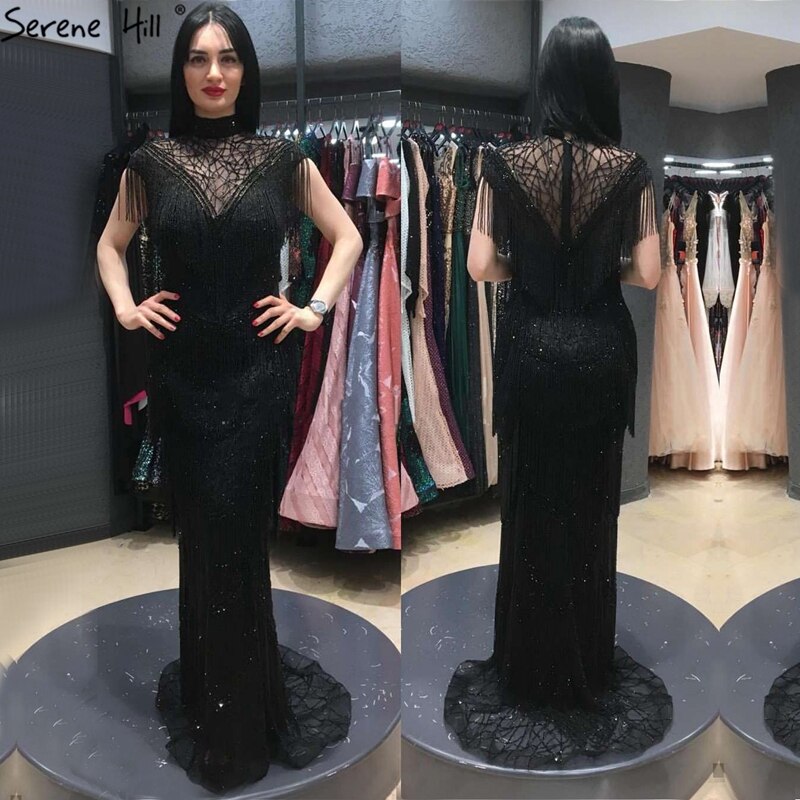 Serene Hill Grey Mermaid Luxury Evening Dresses Gowns Cap Sleeves Beading Tassel Sexy For Women Party 2025 LA70529 - SERENE HILL