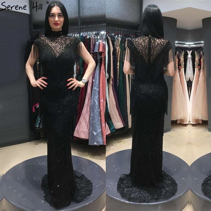 Serene Hill Grey Mermaid Luxury Evening Dresses Gowns Cap Sleeves Beading Tassel Sexy For Women Party 2025 LA70529 - SERENE HILL