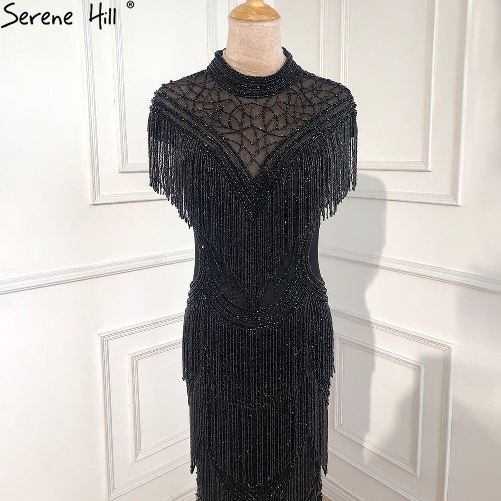 Serene Hill Grey Mermaid Luxury Evening Dresses Gowns Cap Sleeves Beading Tassel Sexy For Women Party 2025 LA70529 - SERENE HILL