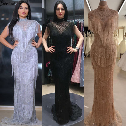 Serene Hill Grey Mermaid Luxury Evening Dresses Gowns Cap Sleeves Beading Tassel Sexy For Women Party 2025 LA70529 - SERENE HILL