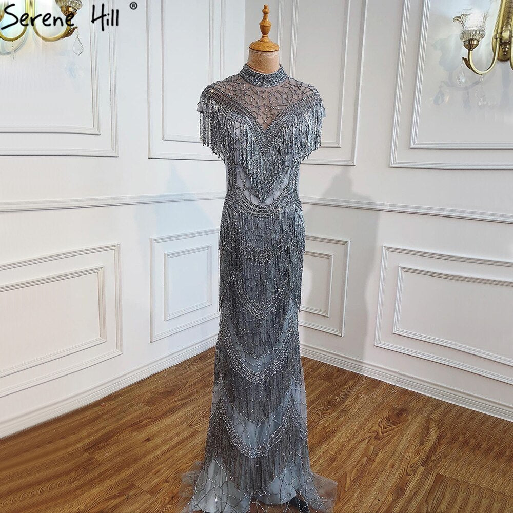 Serene Hill Grey Mermaid Luxury Evening Dresses Gowns Cap Sleeves Beading Tassel Sexy For Women Party 2025 LA70529 - SERENE HILL