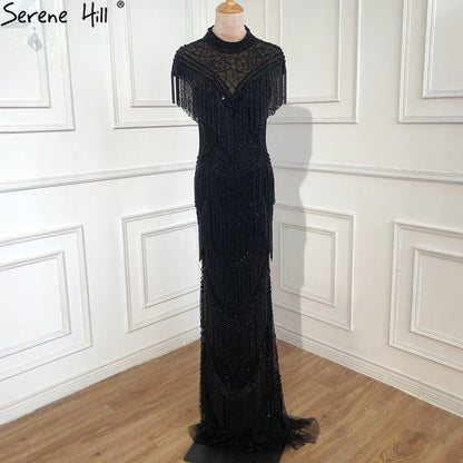 Serene Hill Grey Mermaid Luxury Evening Dresses Gowns Cap Sleeves Beading Tassel Sexy For Women Party 2025 LA70529 - SERENE HILL