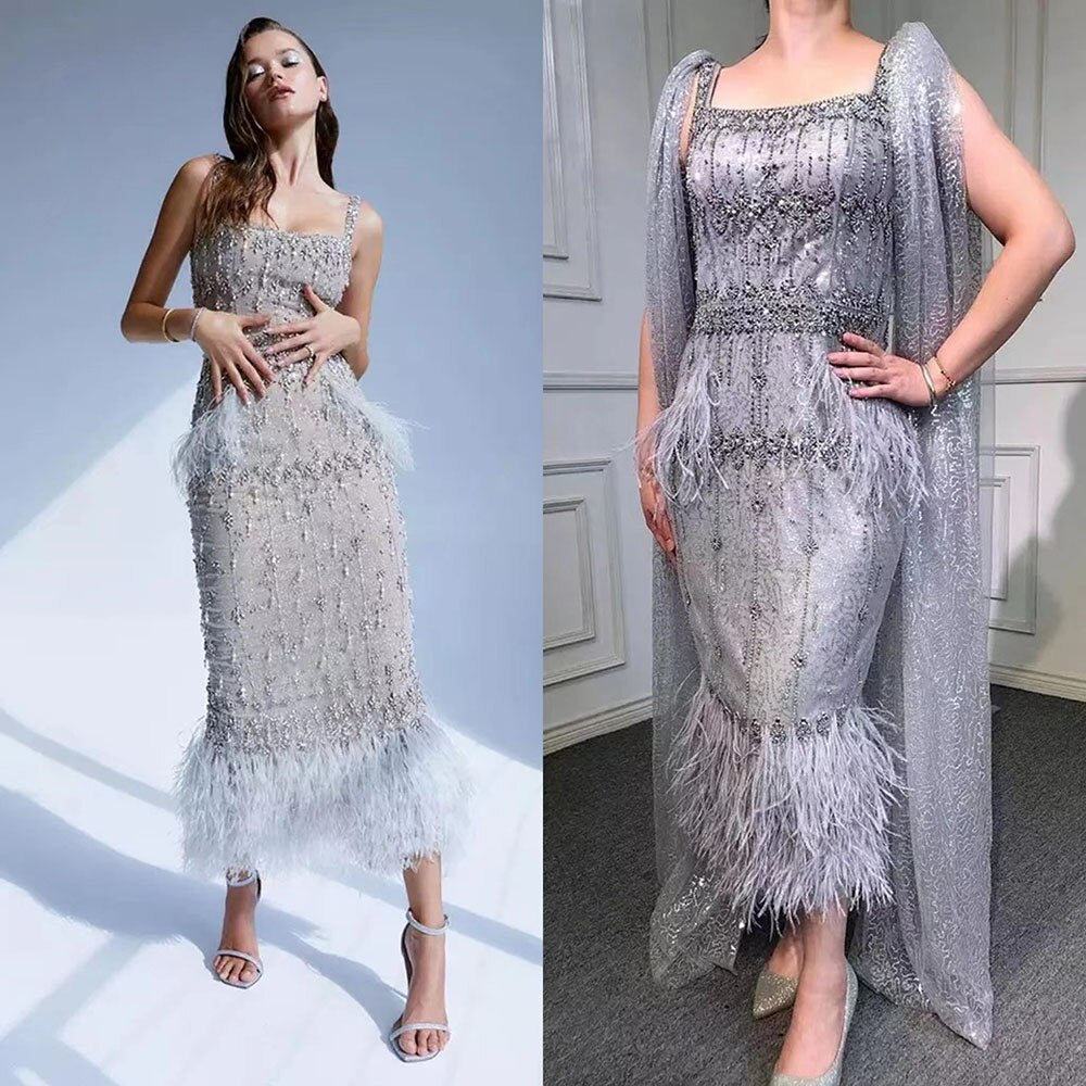 Serene Hill Grey Mermaid Midi Length Evening Dresses Gowns Beaded Sexy Feather Rear Leg Split 2025 For Women Party LA71669 - SERENE HILL