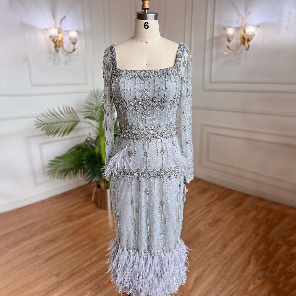 Serene Hill Grey Mermaid Midi Length Evening Dresses Gowns Beaded Sexy Feather Rear Leg Split 2025 For Women Party LA71669 - SERENE HILL