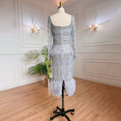 Serene Hill Grey Mermaid Midi Length Evening Dresses Gowns Beaded Sexy Feather Rear Leg Split 2025 For Women Party LA71669 - SERENE HILL