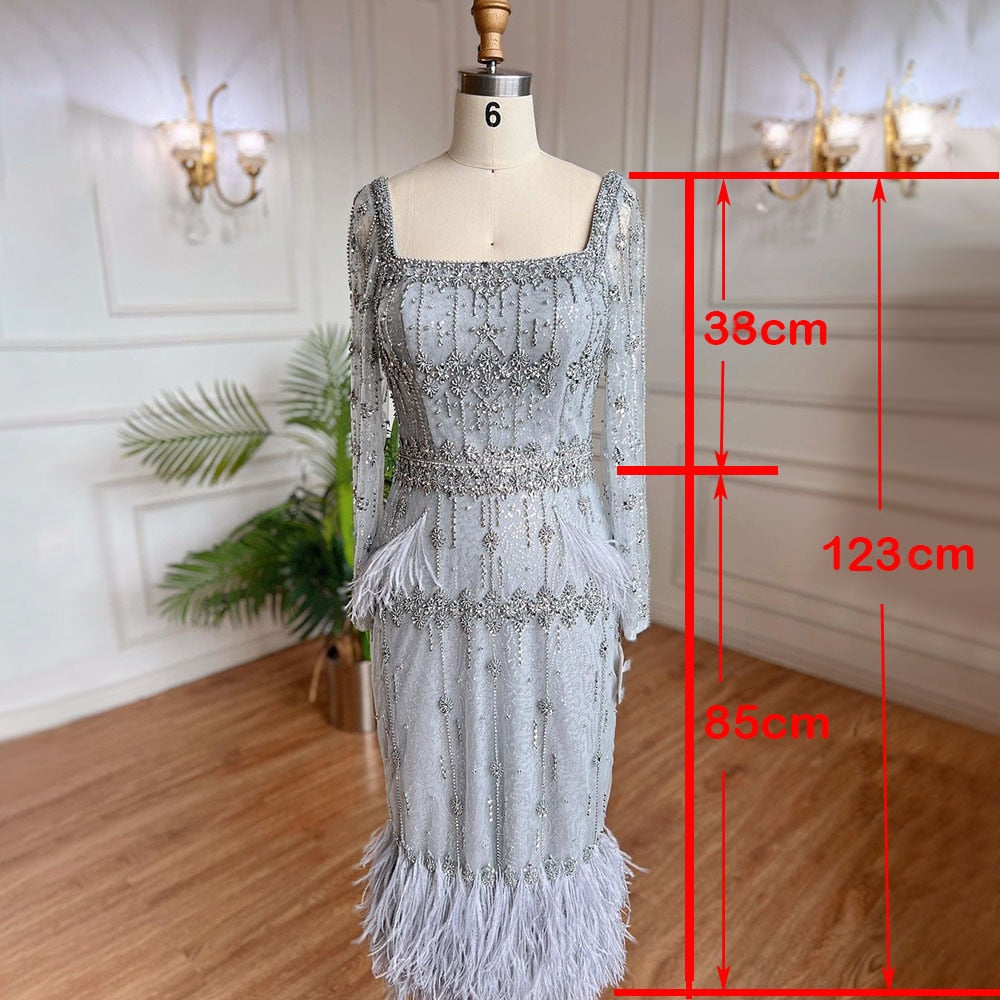 Serene Hill Grey Mermaid Midi Length Evening Dresses Gowns Beaded Sexy Feather Rear Leg Split 2025 For Women Party LA71669 - SERENE HILL