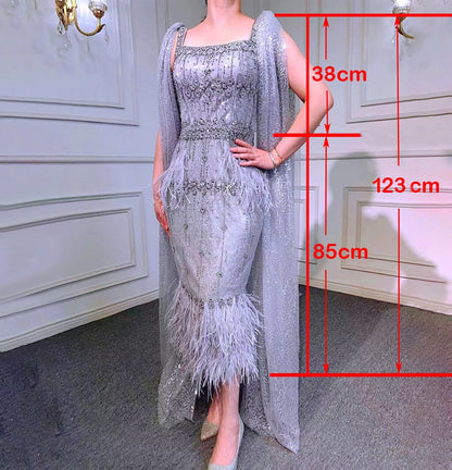 Serene Hill Grey Mermaid Midi Length Evening Dresses Gowns Beaded Sexy Feather Rear Leg Split 2025 For Women Party LA71669 - SERENE HILL
