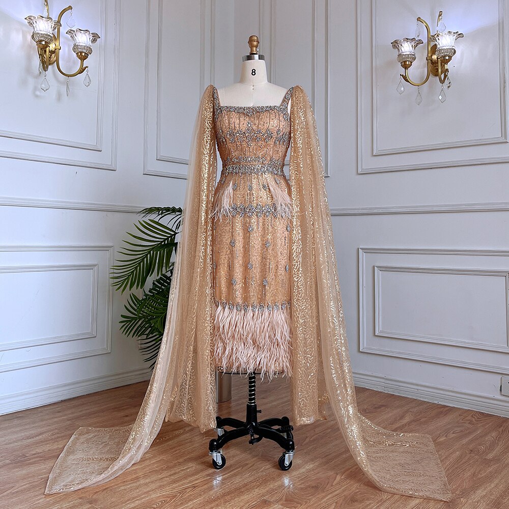 Serene Hill Grey Mermaid Midi Length Evening Dresses Gowns Beaded Sexy Feather Rear Leg Split 2025 For Women Party LA71669 - SERENE HILL
