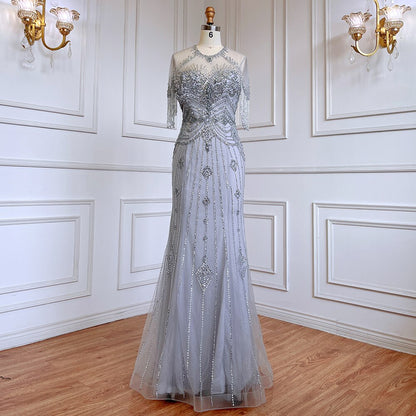 Serene Hill Grey Mermaid O-Neck Short Sleeves Elegant Beaded Luxury Tassel Dubai Evening Dresses Gowns For Women Party 2025 LA70646 - SERENE HILL
