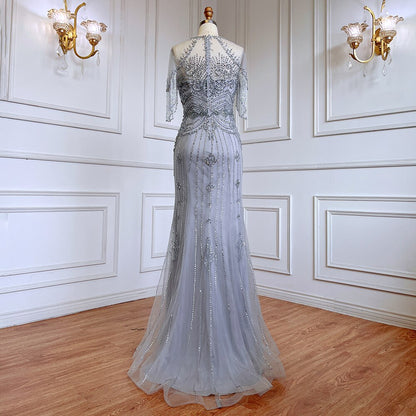 Serene Hill Grey Mermaid O-Neck Short Sleeves Elegant Beaded Luxury Tassel Dubai Evening Dresses Gowns For Women Party 2025 LA70646 - SERENE HILL