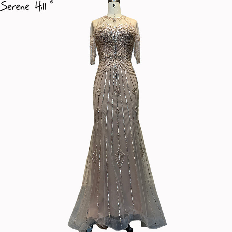 Serene Hill Grey Mermaid O-Neck Short Sleeves Elegant Beaded Luxury Tassel Dubai Evening Dresses Gowns For Women Party 2025 LA70646 - SERENE HILL
