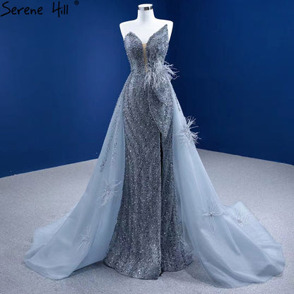 Serene Hill Grey Mermaid Overskirt Evening Dresses Gowns 2025 Feather Beaded Elegant For Women Party HM67340 - SERENE HILL