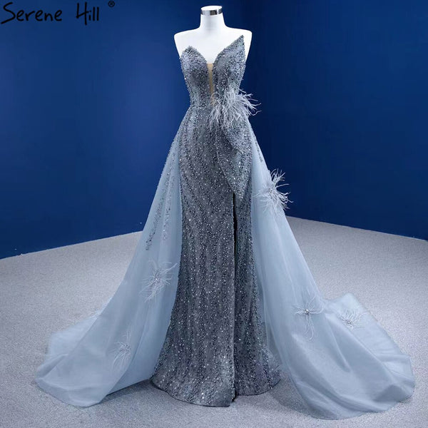 Serene Hill Grey Mermaid Overskirt Evening Dresses Gowns 2025 Feather Beaded Elegant For Women Party HM67340