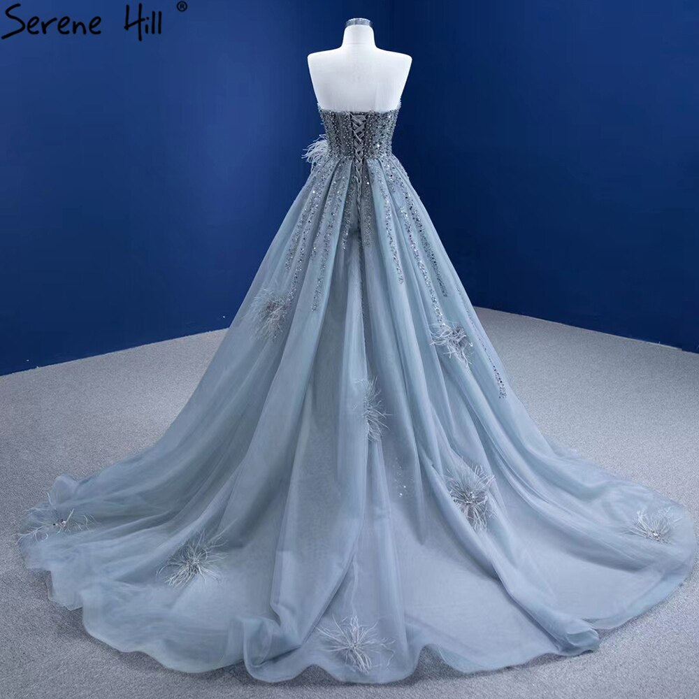 Serene Hill Grey Mermaid Overskirt Evening Dresses Gowns 2025 Feather Beaded Elegant For Women Party HM67340 - SERENE HILL