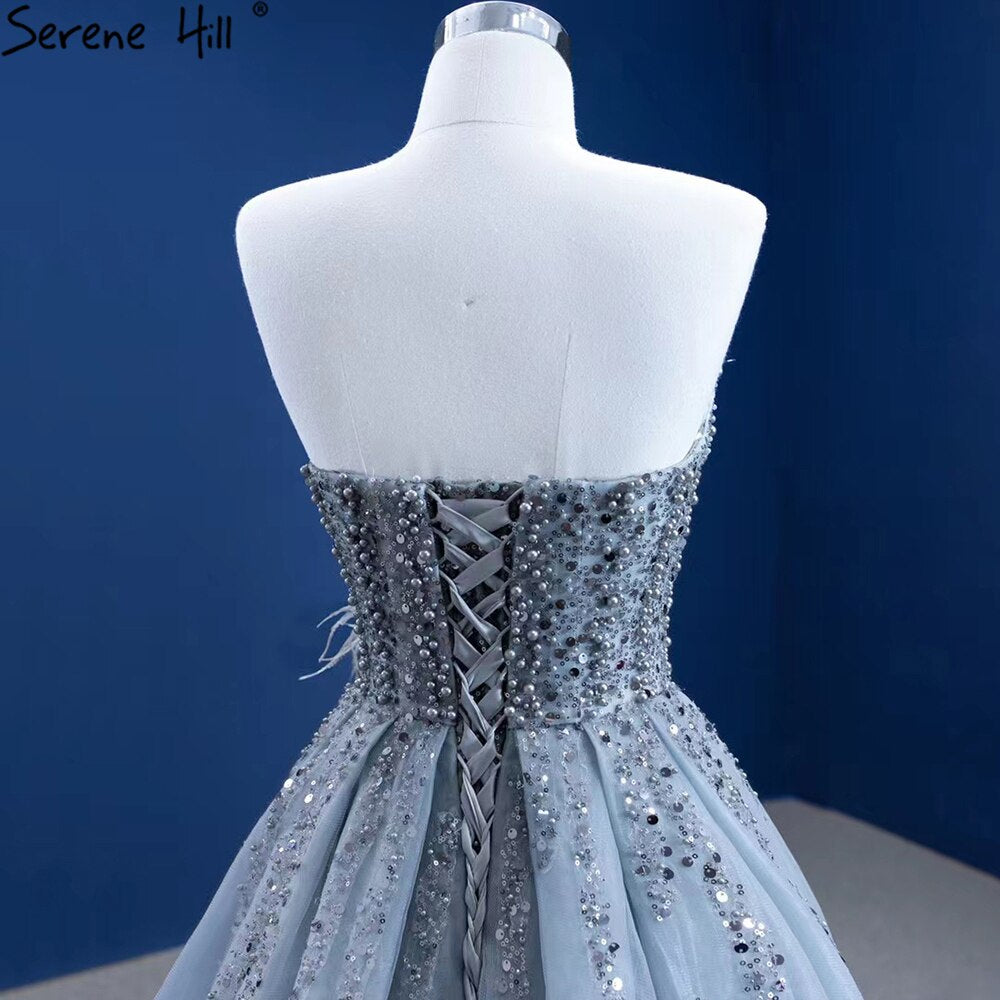 Serene Hill Grey Mermaid Overskirt Evening Dresses Gowns 2025 Feather Beaded Elegant For Women Party HM67340 - SERENE HILL