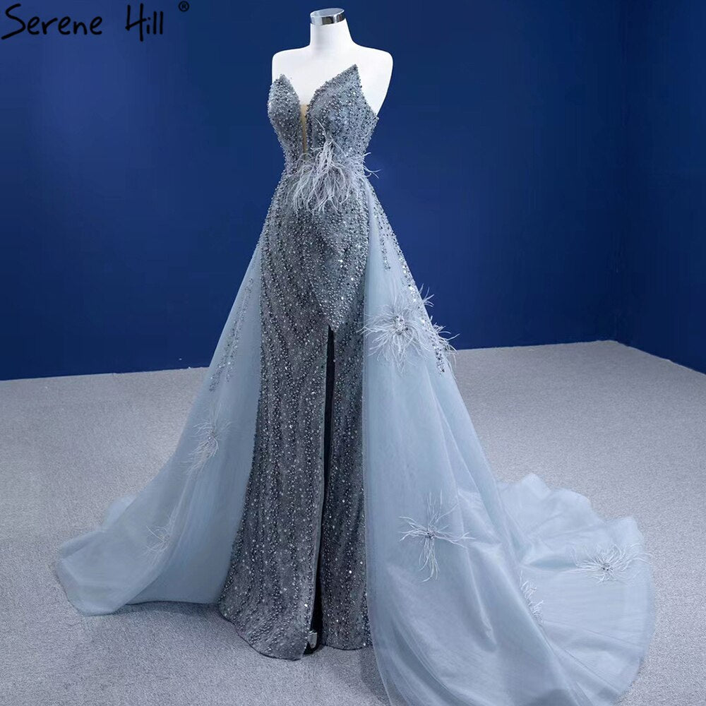 Serene Hill Grey Mermaid Overskirt Evening Dresses Gowns 2025 Feather Beaded Elegant For Women Party HM67340 - SERENE HILL