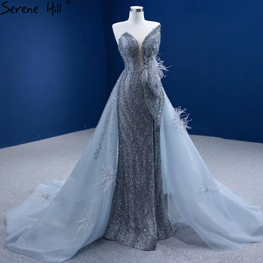 Serene Hill Grey Mermaid Overskirt Evening Dresses Gowns 2025 Feather Beaded Elegant For Women Party HM67340 - SERENE HILL