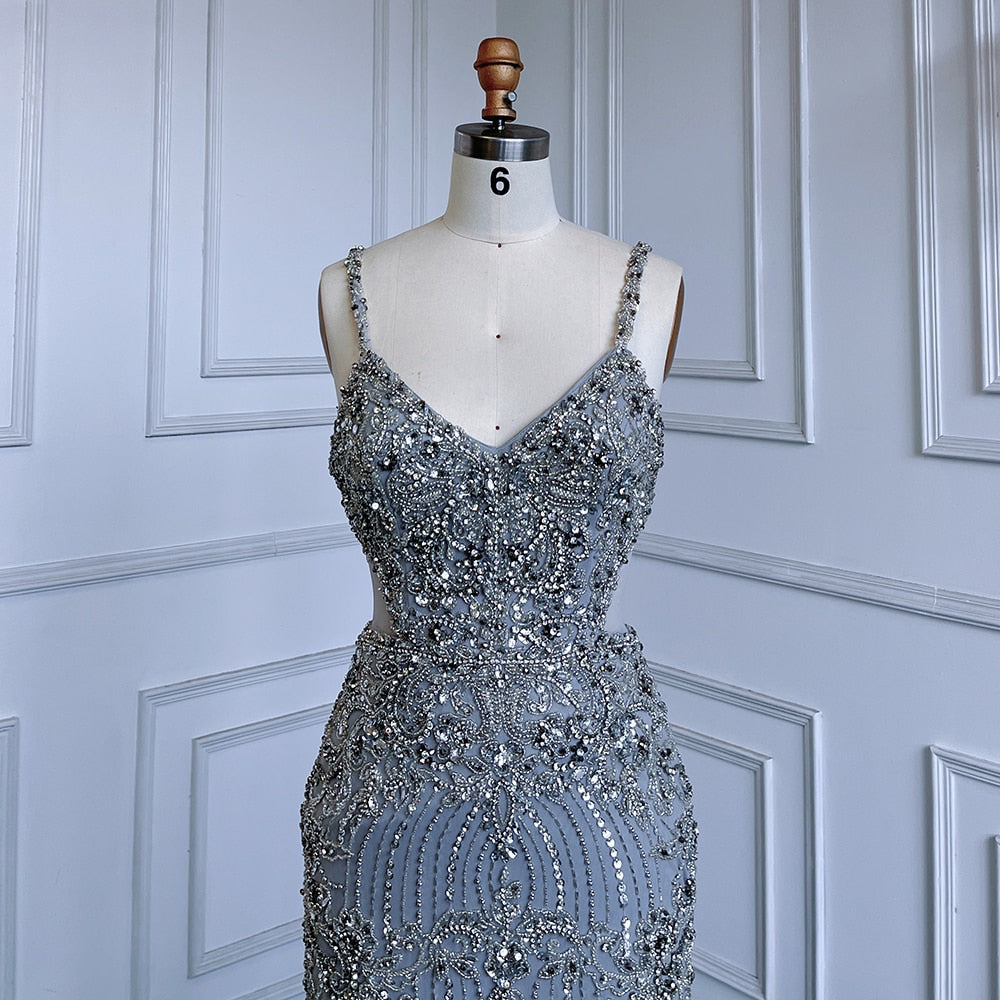 Serene Hill Grey Mermaid Sexy Spaghetti Straps Cut Out Luxury Beaded Feather Dress Evening Gowns 2025 For Woman Party LA71774 - SERENE HILL