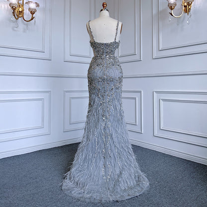 Serene Hill Grey Mermaid Sexy Spaghetti Straps Cut Out Luxury Beaded Feather Dress Evening Gowns 2025 For Woman Party LA71774 - SERENE HILL