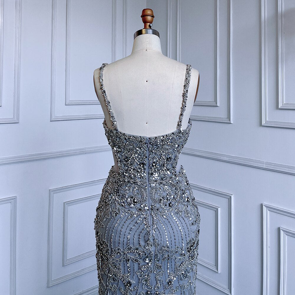 Serene Hill Grey Mermaid Sexy Spaghetti Straps Cut Out Luxury Beaded Feather Dress Evening Gowns 2025 For Woman Party LA71774 - SERENE HILL
