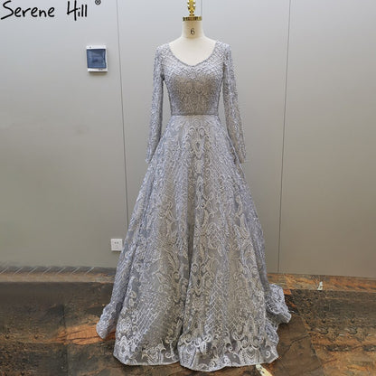 Serene Hill Grey Muslim Lace Beaded Evening Dresses Gowns 2025 Long A-Line Luxury For Women Party LA71472 - SERENE HILL