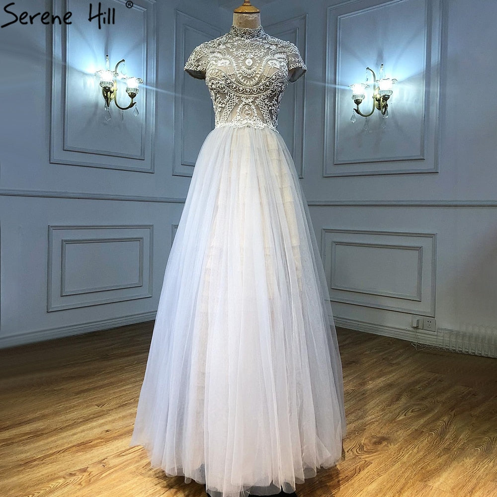 Serene Hill Grey Nude A-Line Evening Dresses Gowns 2025 Crystal Beaded Sexy For Women Wedding Party LA71159 - SERENE HILL