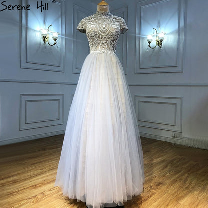 Serene Hill Grey Nude A-Line Evening Dresses Gowns 2025 Crystal Beaded Sexy For Women Wedding Party LA71159 - SERENE HILL