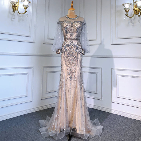 Serene Hill Grey Nude Luxury Evening Dresses Gowns 2025 Beaded Lantern Sleeve Mermaid Elegant For Women Party LA71603