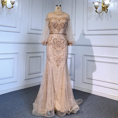 Serene Hill Grey Nude Luxury Evening Dresses Gowns 2025 Beaded Lantern Sleeve Mermaid Elegant For Women Party LA71603 - SERENE HILL