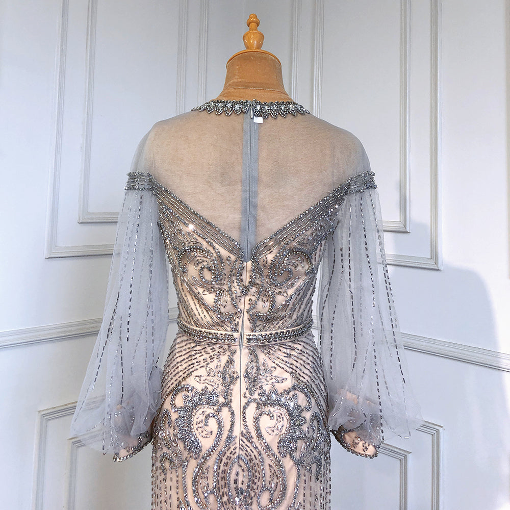 Serene Hill Grey Nude Luxury Evening Dresses Gowns 2025 Beaded Lantern Sleeve Mermaid Elegant For Women Party LA71603 - SERENE HILL