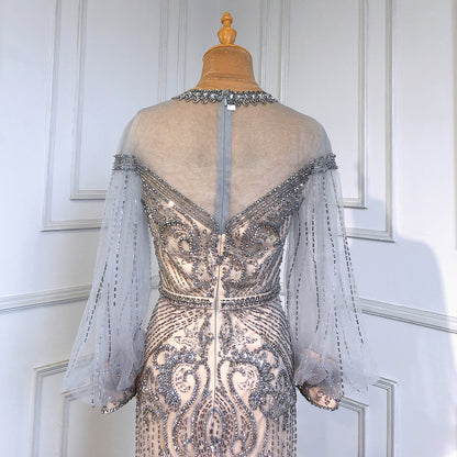 Serene Hill Grey Nude Luxury Evening Dresses Gowns 2025 Beaded Lantern Sleeve Mermaid Elegant For Women Party LA71603 - SERENE HILL