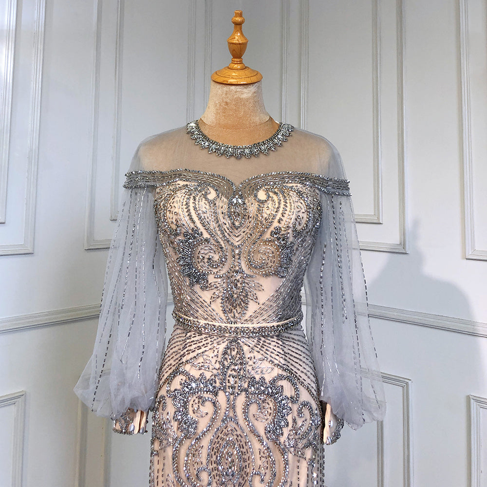 Serene Hill Grey Nude Luxury Evening Dresses Gowns 2025 Beaded Lantern Sleeve Mermaid Elegant For Women Party LA71603 - SERENE HILL