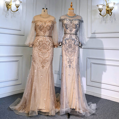 Serene Hill Grey Nude Luxury Evening Dresses Gowns 2025 Beaded Lantern Sleeve Mermaid Elegant For Women Party LA71603 - SERENE HILL