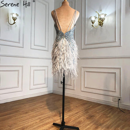 Serene Hill Grey Sleeveless Sexy Short Dresses 2025 Beading Feathers Mermaid Party Cocktail Gowns LA70766 - SERENE HILL