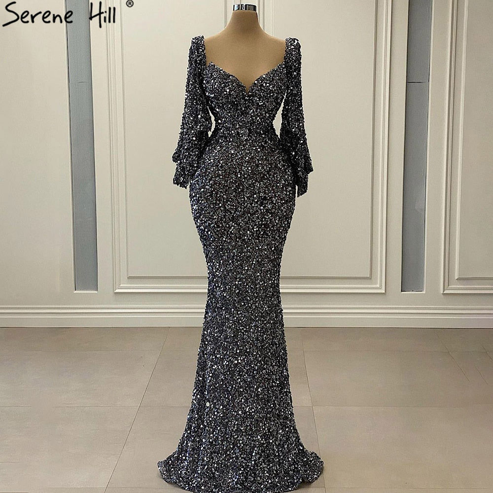 Serene Hill Grey Sliver Luxury Evening Dresses Gowns 2025 Elegant Sexy Flared Sleeves For Woman Party LA71178 - SERENE HILL