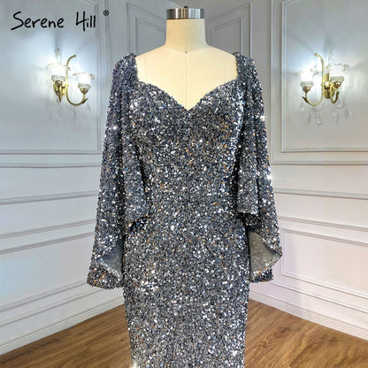Serene Hill Grey Sliver Luxury Evening Dresses Gowns 2025 Elegant Sexy Flared Sleeves For Woman Party LA71178 - SERENE HILL
