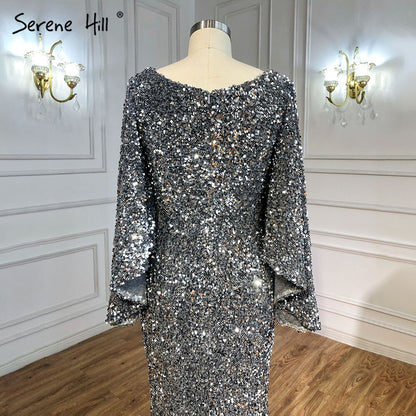 Serene Hill Grey Sliver Luxury Evening Dresses Gowns 2025 Elegant Sexy Flared Sleeves For Woman Party LA71178 - SERENE HILL