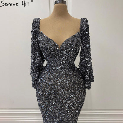 Serene Hill Grey Sliver Luxury Evening Dresses Gowns 2025 Elegant Sexy Flared Sleeves For Woman Party LA71178 - SERENE HILL