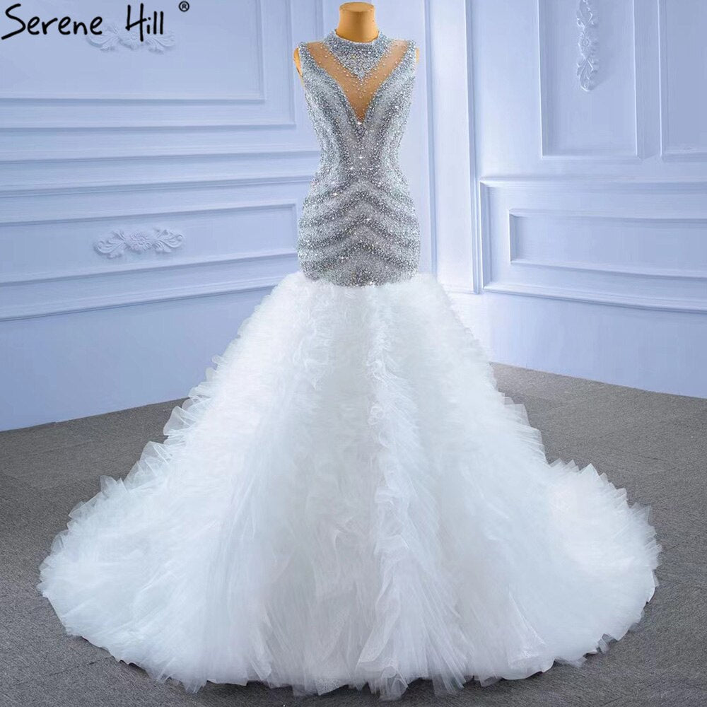 Serene Hill Grey White Mermaid Wedding Dresses 2025 Luxury Beaded Ruffles Elegant Bride Gowns HM67295 Custom Made - SERENE HILL