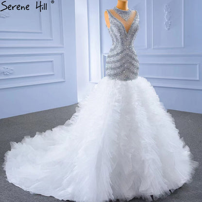 Serene Hill Grey White Mermaid Wedding Dresses 2025 Luxury Beaded Ruffles Elegant Bride Gowns HM67295 Custom Made - SERENE HILL