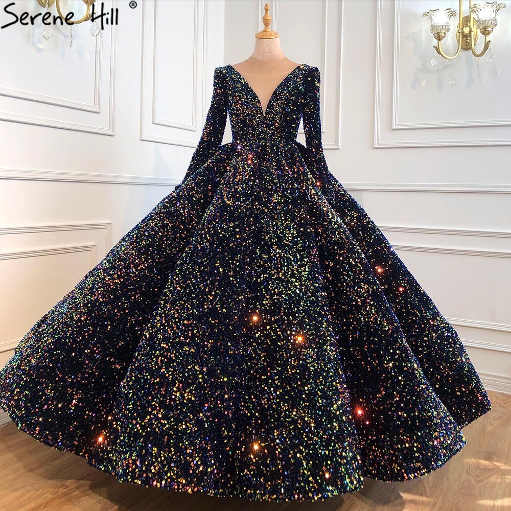 Serene Hill Indigo Blue Gold Luxury Wedding Dresses 2025 Sequined Long Sleeves Bride Dress Plus Size Women HA2466 Custom Made - SERENE HILL