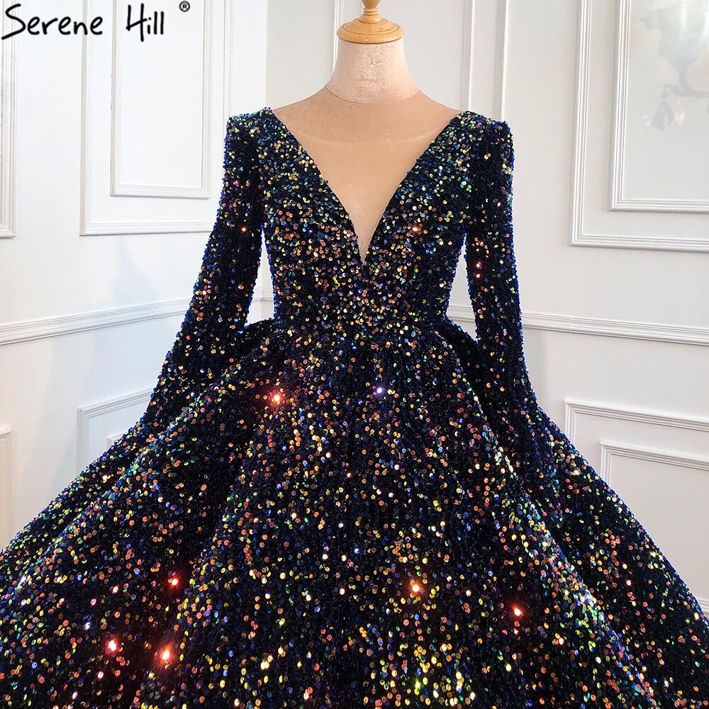 Serene Hill Indigo Blue Gold Luxury Wedding Dresses 2025 Sequined Long Sleeves Bride Dress Plus Size Women HA2466 Custom Made - SERENE HILL