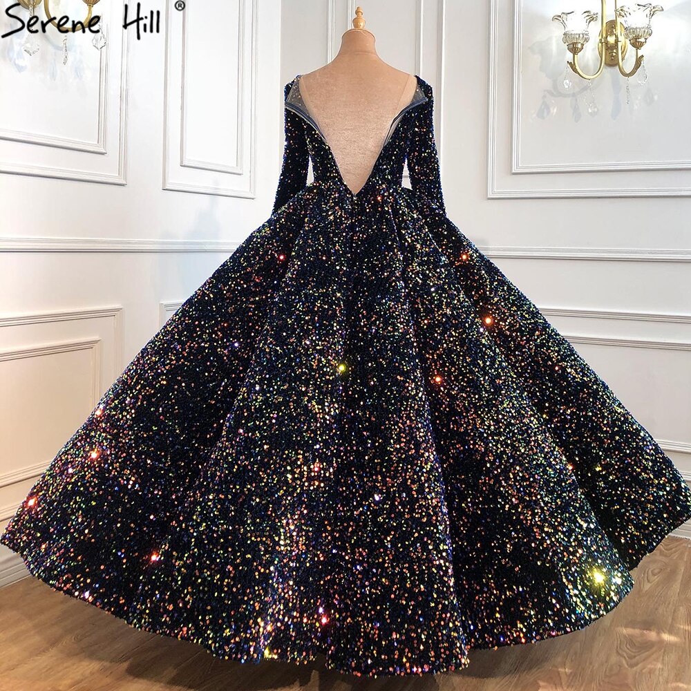 Serene Hill Indigo Blue Gold Luxury Wedding Dresses 2025 Sequined Long Sleeves Bride Dress Plus Size Women HA2466 Custom Made - SERENE HILL